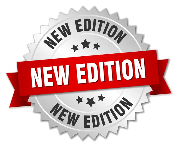 Nowe wydanie 3d srebrna odznaka z czerwoną wstążką — Wektor stockowy