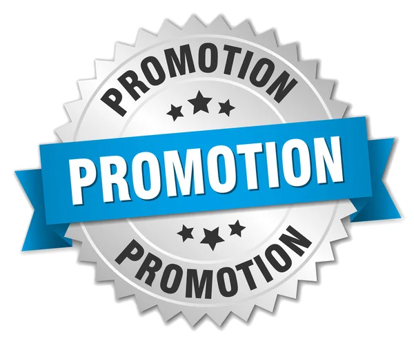 Promotion badge argent 3d avec ruban bleu — Image vectorielle