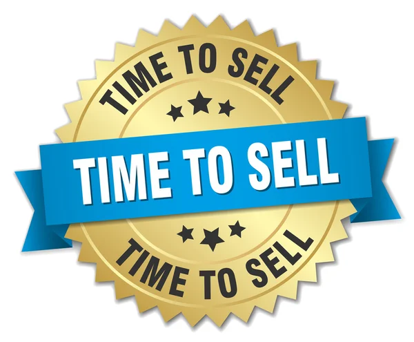 Tiempo para vender insignia de oro 3d con cinta azul — Vector de stock