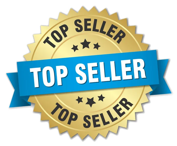 Melhor vendedor de crachá de ouro 3d com fita azul — Vetor de Stock