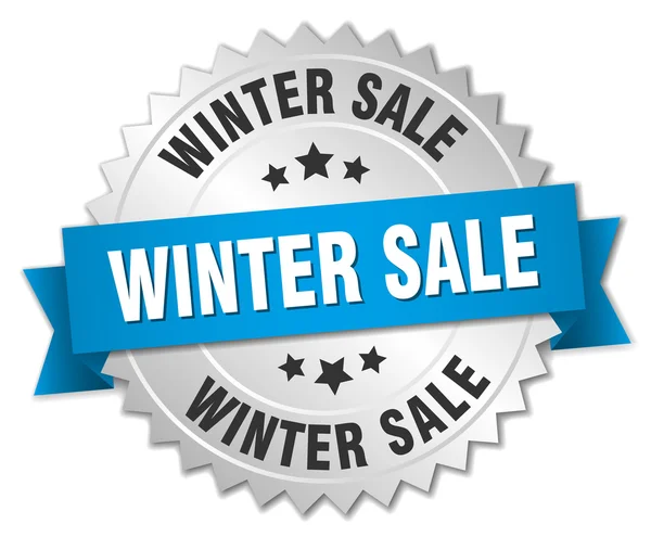 Inverno vendita 3d distintivo d'argento con nastro blu — Vettoriale Stock