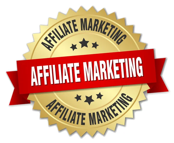 Affiliate marketing 3d distintivo d'oro con nastro rosso — Vettoriale Stock