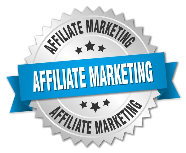 Affiliate marketing 3d stříbrný odznak s modrou stužkou — Stockový vektor