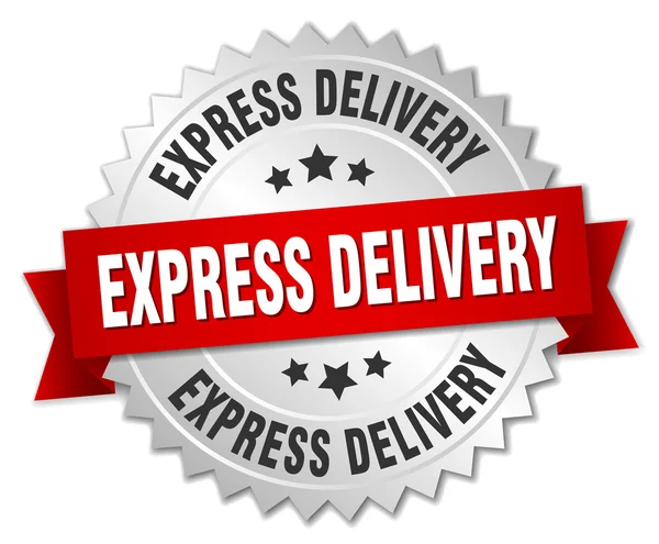 Express delivery 3d silver badge with red ribbon — Stock vektor