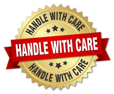 handle with care 3d gold badge with red ribbon clipart