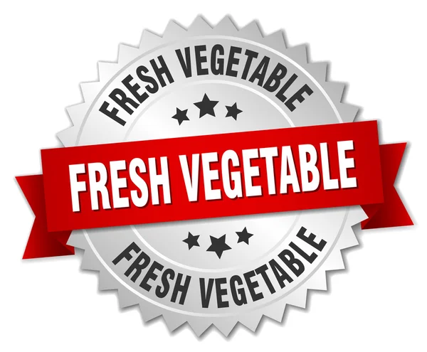 赤いリボンと新鮮な野菜の 3 d シルバー バッジ — ストックベクタ