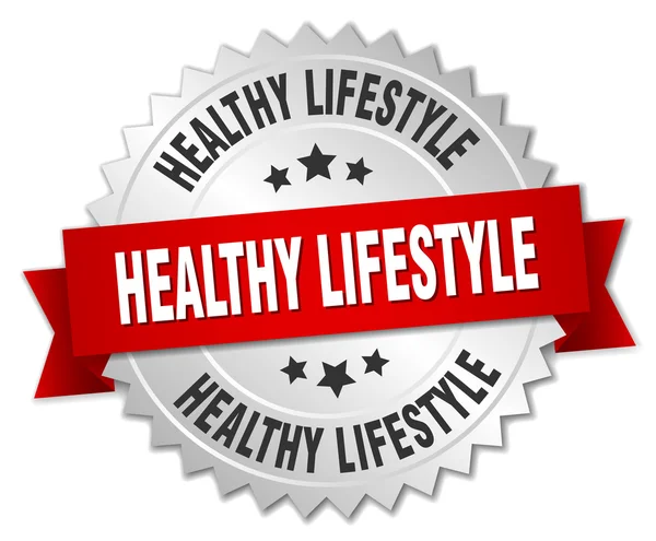 Hälsosam livsstil 3d silver märke med rött band — Stock vektor