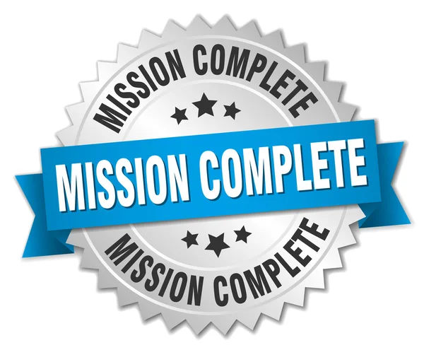 Mission complete 3d silver badge with blue ribbon — Stock Vector