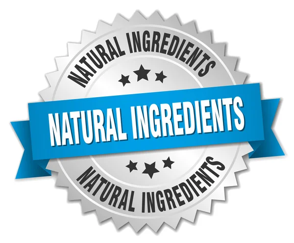 Ingrédients naturels badge argent 3d avec ruban bleu — Image vectorielle