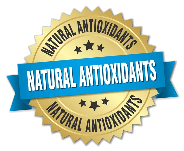 Crachá de ouro natural antioxidantes 3d com fita azul —  Vetores de Stock