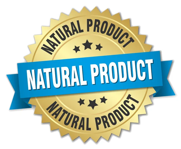 Naturalny produkt 3d złota odznaka z niebieską wstążką — Wektor stockowy