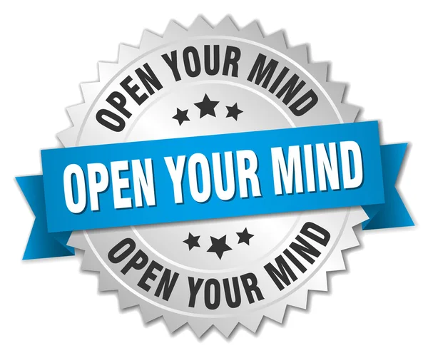 Ouvrir votre esprit badge argent 3d avec ruban bleu — Image vectorielle