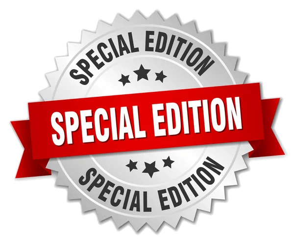 Edición especial placa de plata 3d con cinta roja — Vector de stock