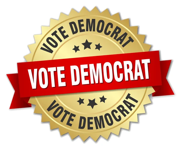 Voto democratico 3d distintivo d'oro con nastro rosso — Vettoriale Stock