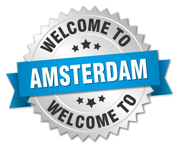 Amsterdam 3d silver badge with blue ribbon — Stock vektor