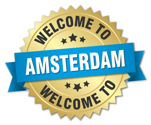 Amsterdam 3d gold badge with blue ribbon — Stock Vector