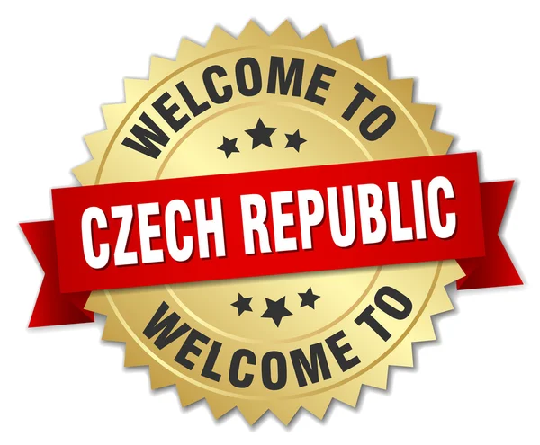Chequia insignia de oro 3d con cinta roja — Vector de stock