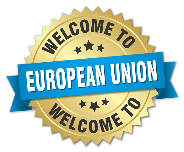 Crachá de ouro 3d união europeia com fita azul — Vetor de Stock