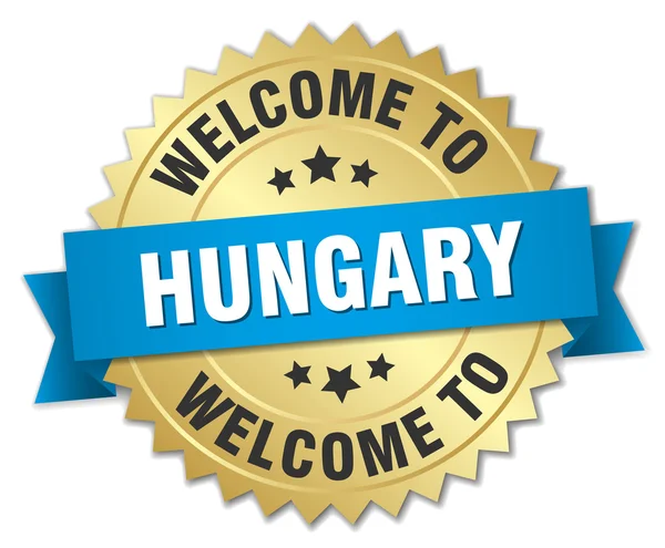 Ungheria Badge in oro 3d con nastro blu — Vettoriale Stock