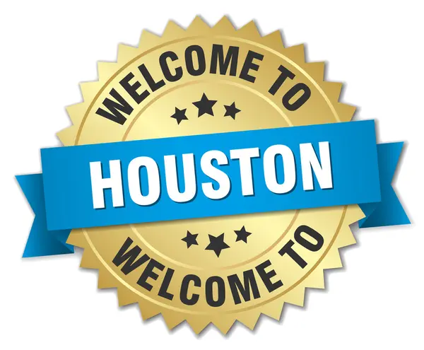 Badge Houston 3d oro con nastro blu — Vettoriale Stock
