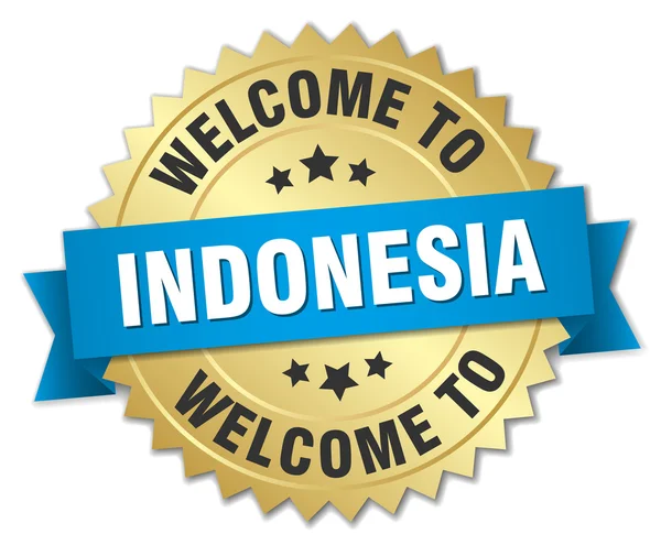 Indonesia 3d gold badge with blue ribbon — ストックベクタ