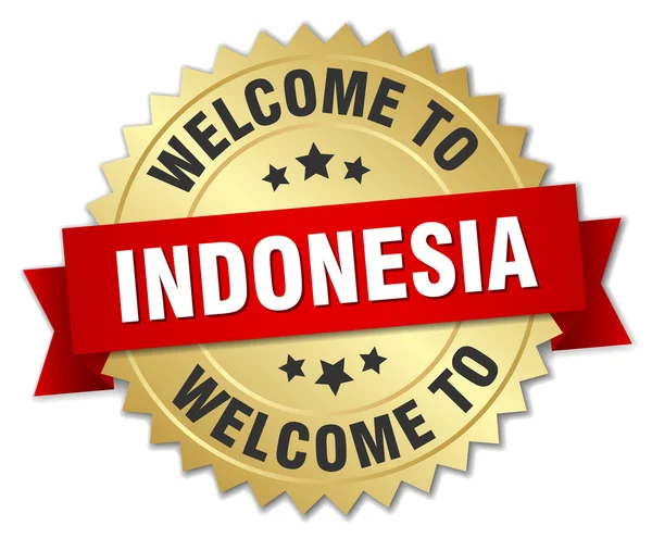 Indonesia 3d gold badge with red ribbon — Stock vektor