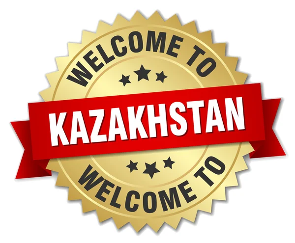 Kazajstán insignia de oro 3d con cinta roja — Vector de stock
