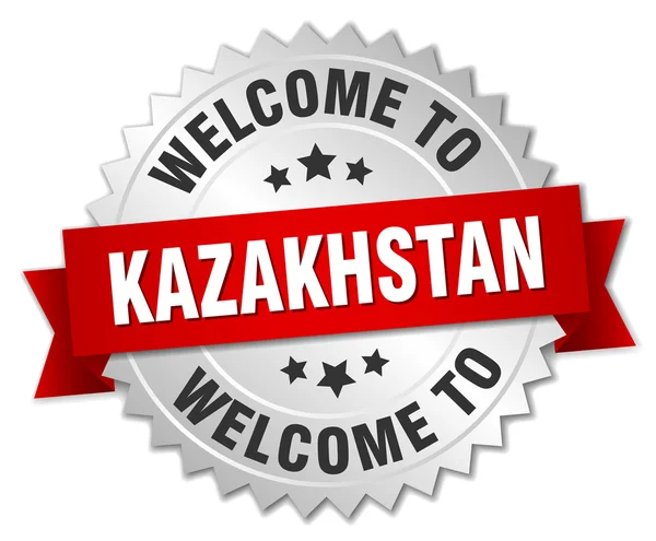 哈萨克斯坦 3d 的银色徽章，用红丝带 — 图库矢量图片