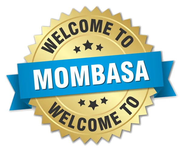 Mombasa 3d gouden badge met blauw lint — Stockvector
