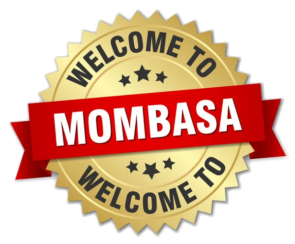 Mombasa 3d gouden badge met rood lint — Stockvector