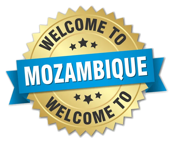 Distintivo Mozambico in oro 3d con nastro blu — Vettoriale Stock