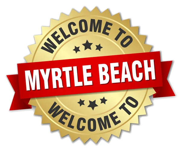 Myrtle Beach 3d gouden badge met rood lint — Stockvector