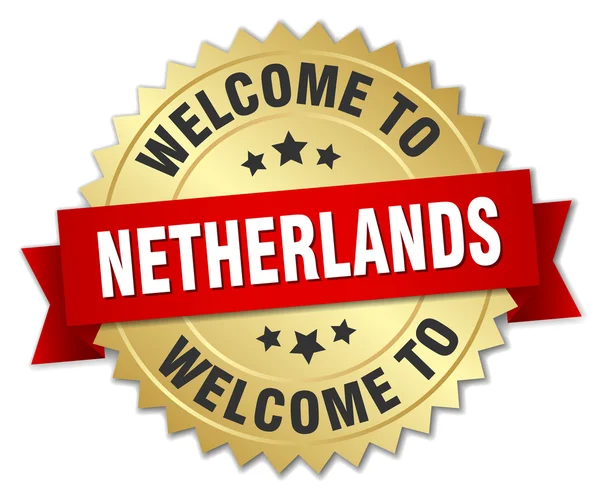 Emblema de ouro 3d Países Baixos com fita vermelha — Vetor de Stock