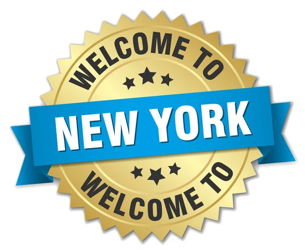 Insignia de oro en 3D de Nueva York con cinta azul — Vector de stock