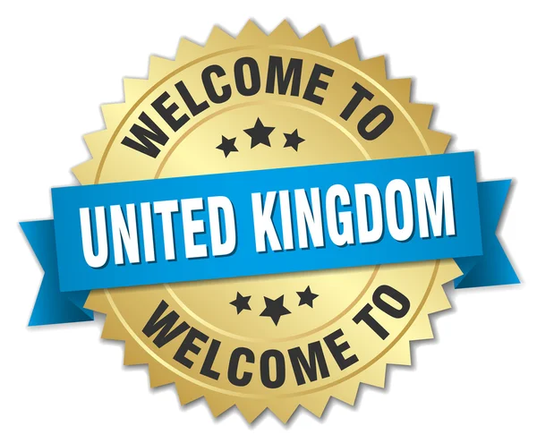 Reino Unido 3d insignia de oro con cinta azul — Vector de stock
