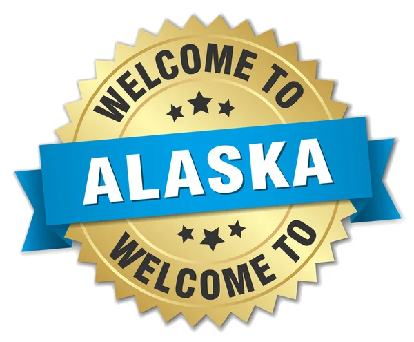 Alaska 3d gold badge with blue ribbon — 스톡 벡터