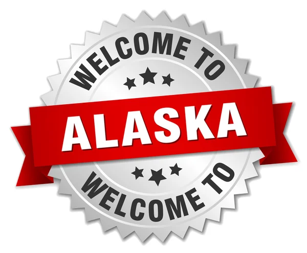 Alaska 3d silver badge with red ribbon — Stock Vector