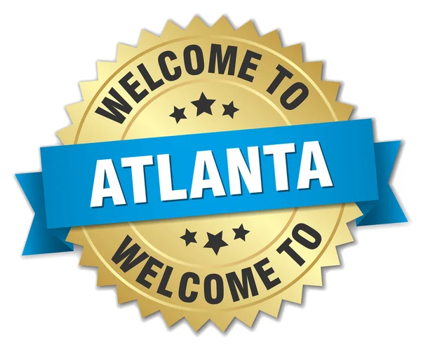 Atlanta 3d gold badge with blue ribbon — Stock Vector