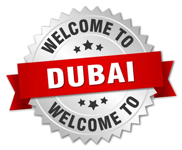 Dubai 3d silver badge with red ribbon — Wektor stockowy