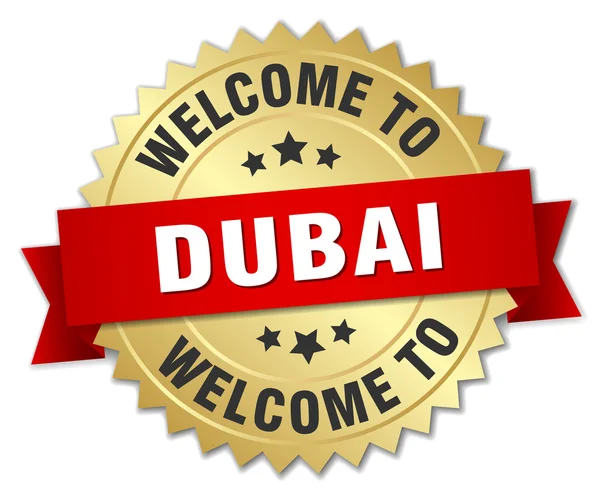 Dubai 3d gold badge with red ribbon — Wektor stockowy