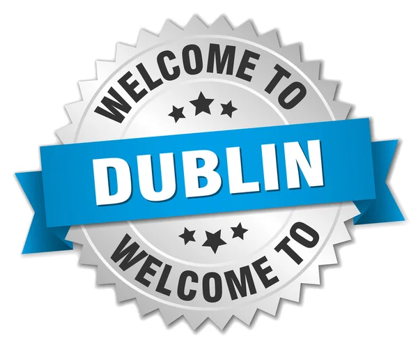 Dublin 3d silver badge with blue ribbon — Stock Vector