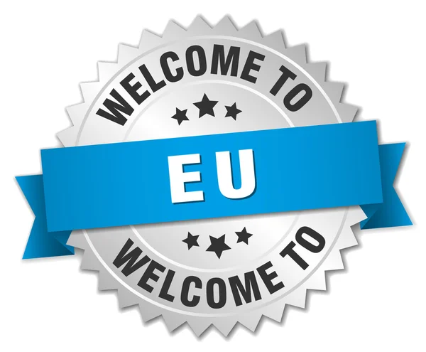 Eu 3d silver badge with blue ribbon — 스톡 벡터