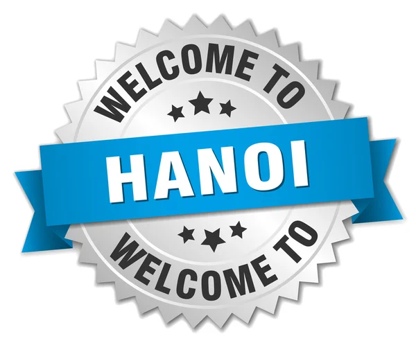 Insignia de plata Hanoi 3d con cinta azul — Vector de stock