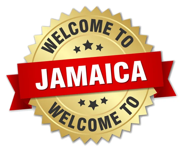 Jamaica 3d gold badge with red ribbon — Stock vektor