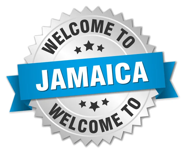 Jamaica 3d silver badge with blue ribbon — Stock Vector