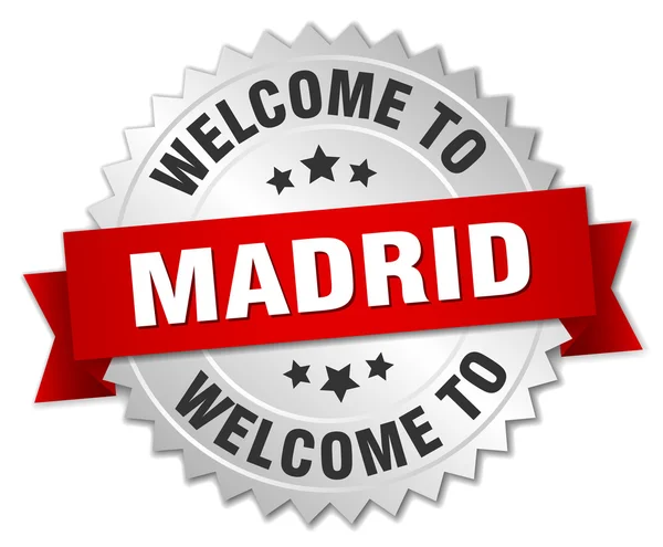 Emblema de prata 3d Madrid com fita vermelha —  Vetores de Stock