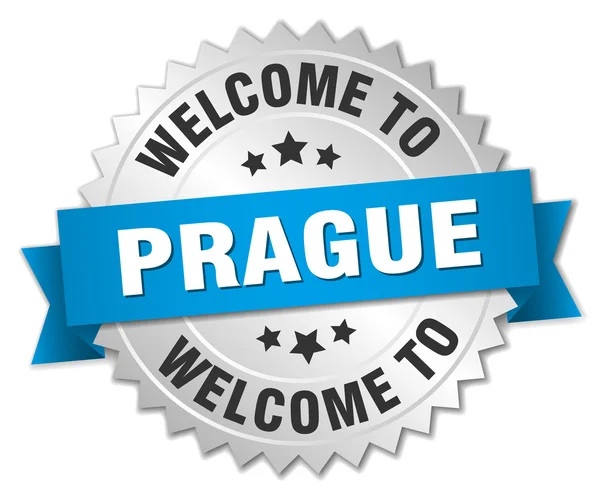 Prague 3d silver badge with blue ribbon — 图库矢量图片