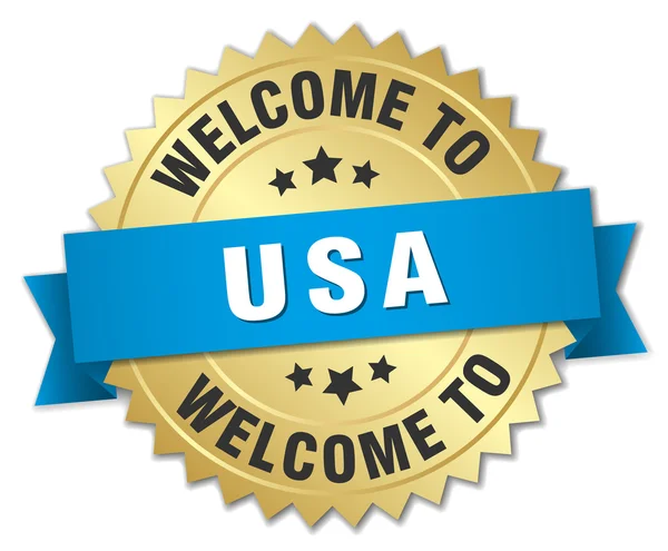 EUA emblema de ouro 3d com fita azul — Vetor de Stock