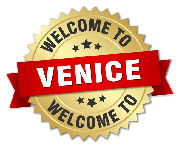 Venice 3d gold badge with red ribbon — Stock Vector