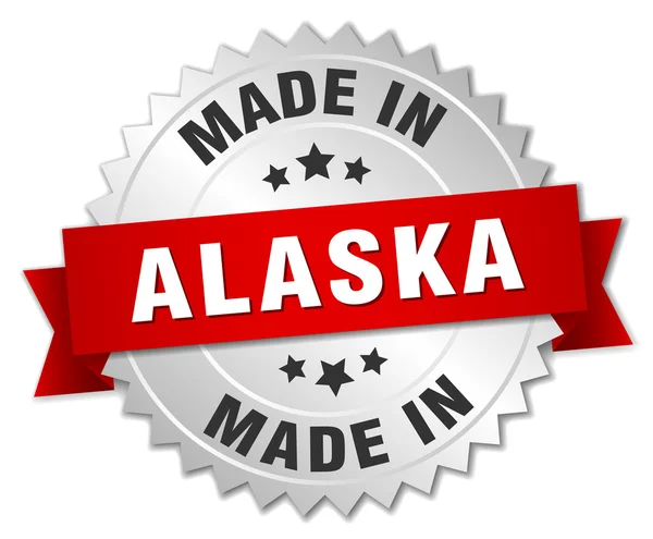 Gemaakt in Alaska zilveren badge met rood lint — Stockvector